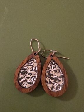 Jamielizabeth Wood Teardrop Earrings with Silver Mosaic Inlay - Women Jewelry